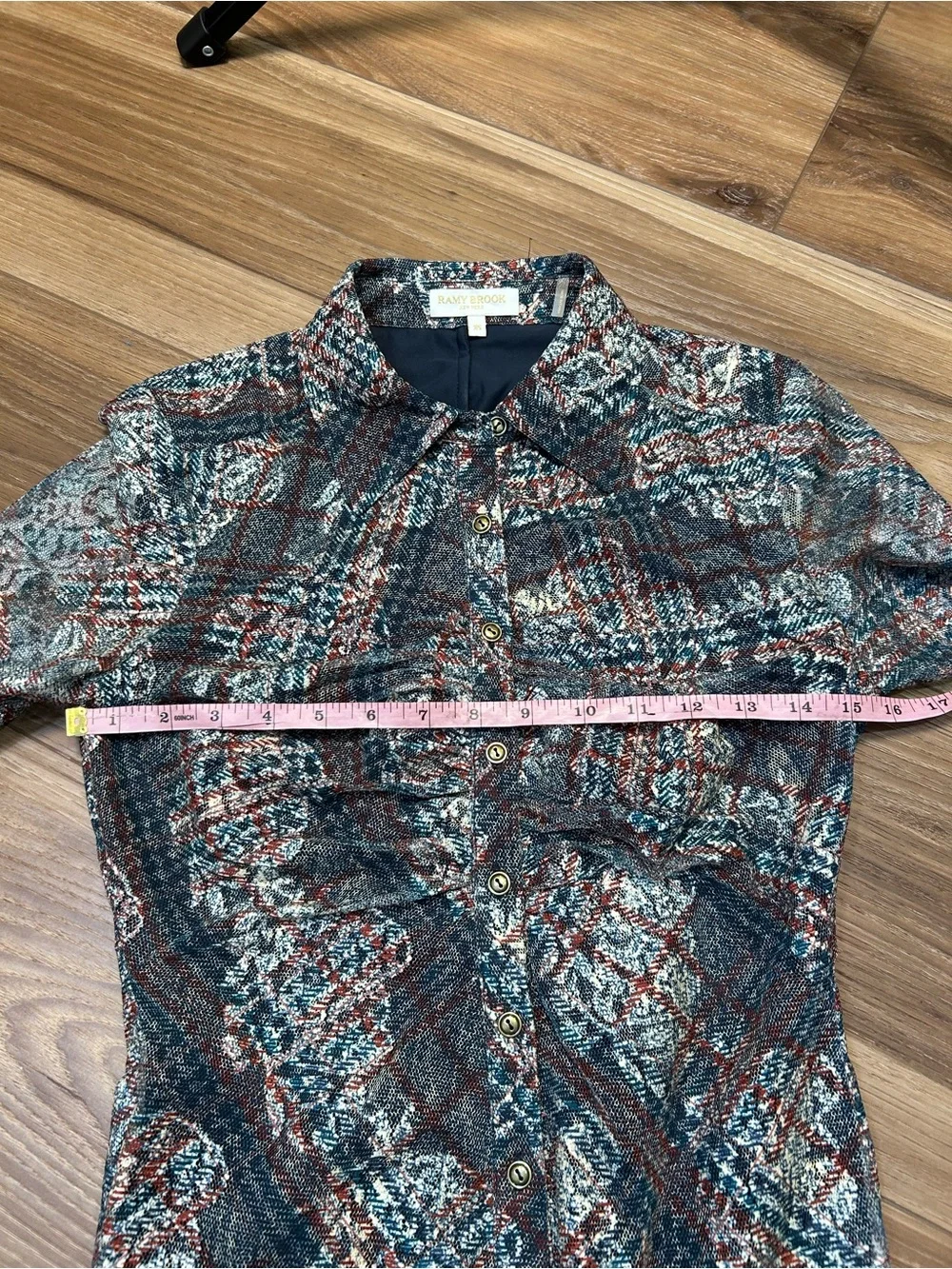 Ramy Brook Hamilton plaid ruched button front top size XS 70s disco sheer mesh - Picture 9 of 11